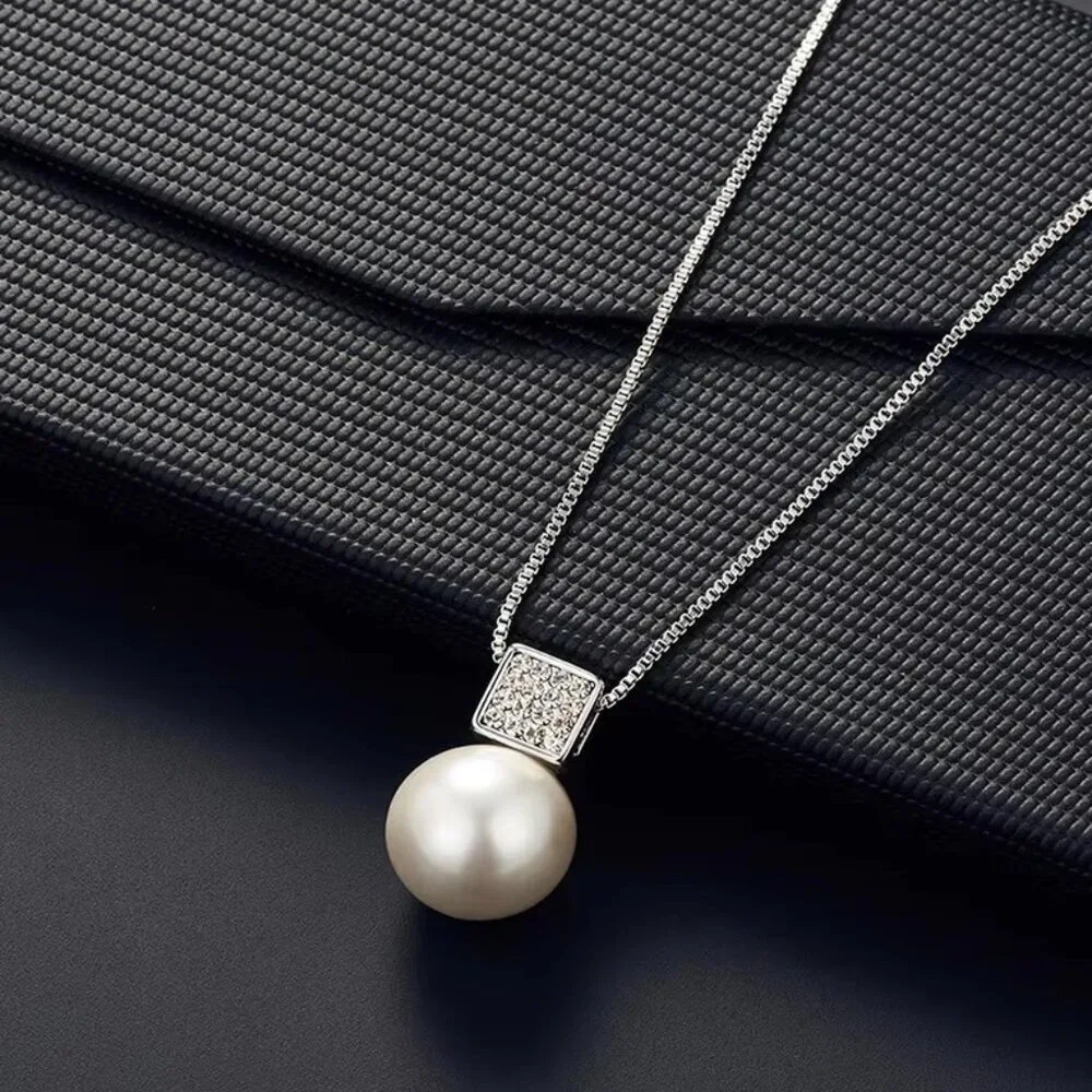 2 PCS Faux Pearl Pendant Women Necklace Earring Stud Set Silver Jewelry Set